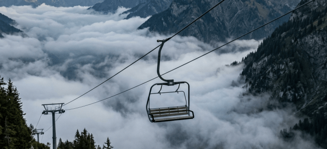 Empty chairlift over misty mountains with clouds below