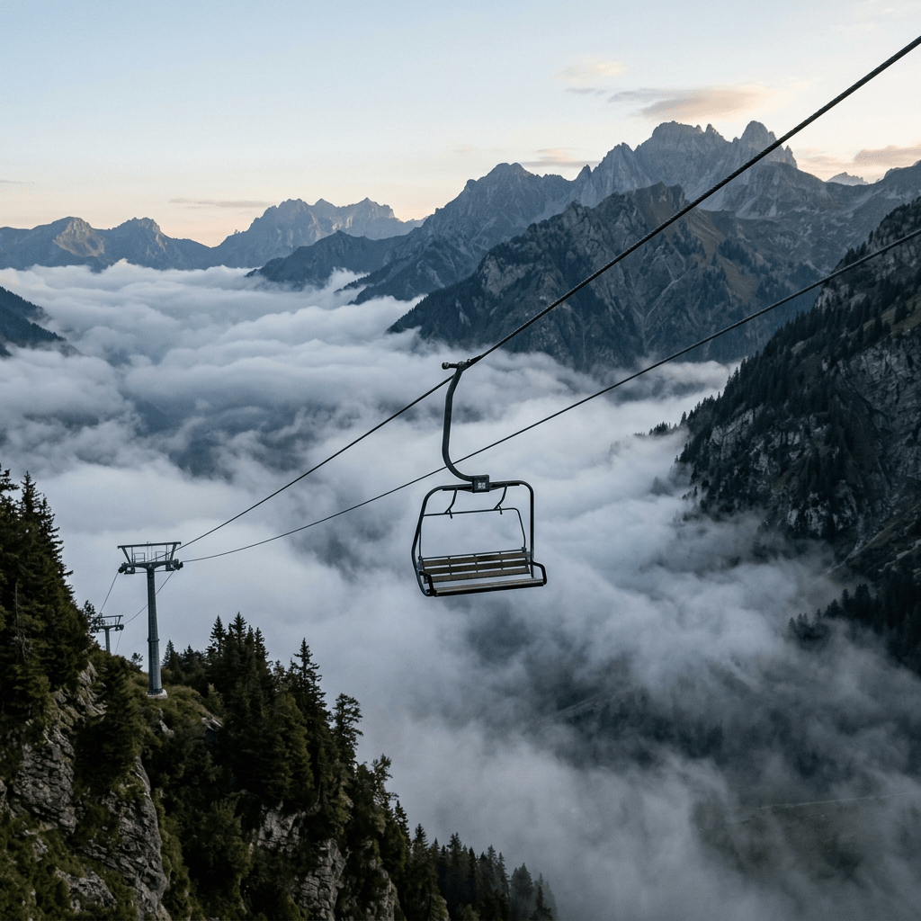 Empty chairlift over misty mountains with clouds below